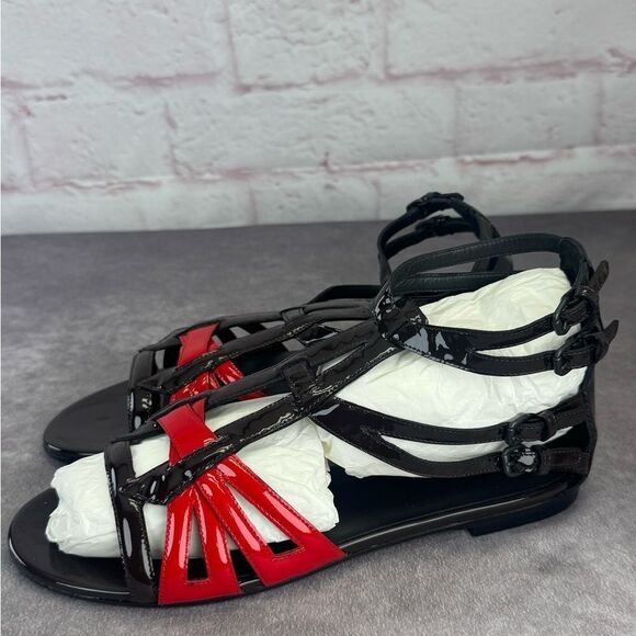 Bottega Veneta Black/Red Patent Leather Flat Strappy Sandals Size 39 - Picture 2 of 7